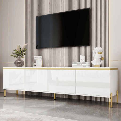 Móvel de TV moderno - 4 portas, alto brilho, ranhura para cabos, rebordo dourado - Branco