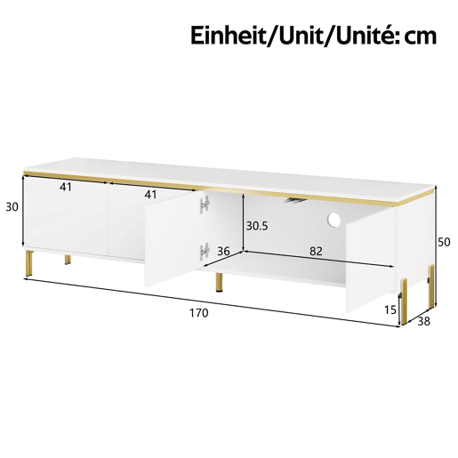 Móvel de TV moderno - 4 portas, alto brilho, ranhura para cabos, rebordo dourado - Branco