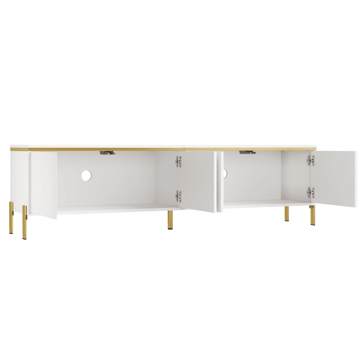 Móvel de TV moderno - 4 portas, alto brilho, ranhura para cabos, rebordo dourado - Branco
