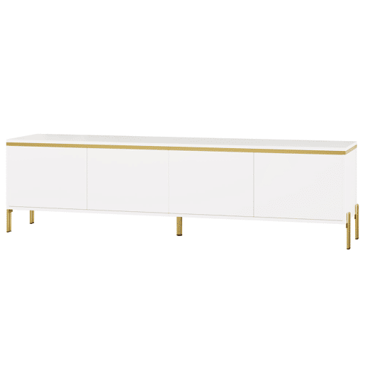 Móvel de TV moderno - 4 portas, alto brilho, ranhura para cabos, rebordo dourado - Branco