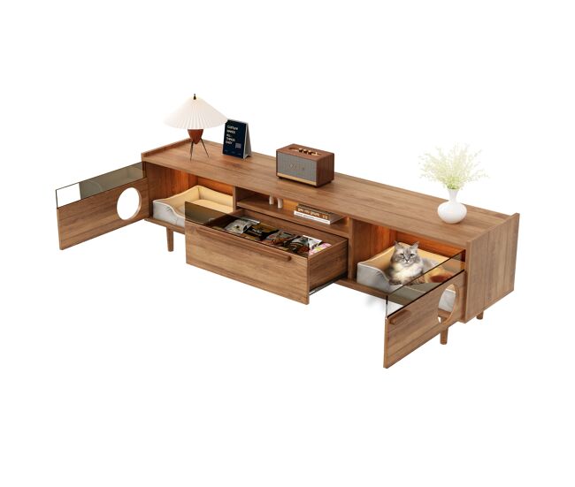 Mueble tv 180x40x50 cm - led, espacio para gatos, puertas de cristal y cajón - nogal