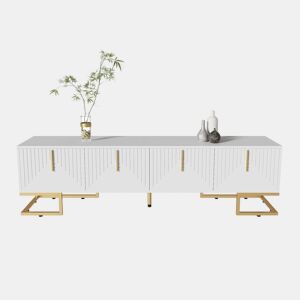 Móvel de TV Lowboard 160 cm - Porta estruturada, puxadores e pés dourados - Branco