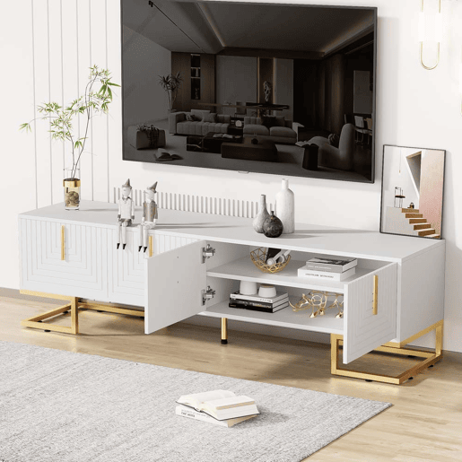 Móvel de TV Lowboard 160 cm - Porta estruturada, puxadores e pés dourados - Branco