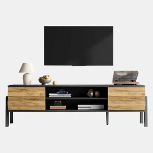 Móvel de TV 175x39,5x53 cm - Lowboard com 2 armários e espaço de armazenamento aberto, suporte para TV até 70 polegadas - Preto