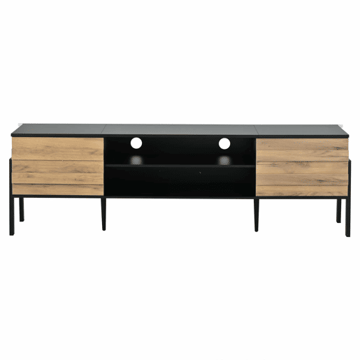 Móvel de TV 175x39,5x53 cm - Lowboard com 2 armários e espaço de armazenamento aberto, suporte para TV até 70 polegadas - Preto