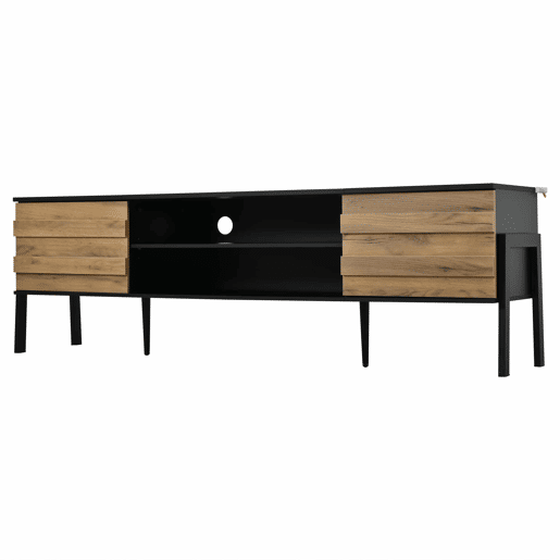 Móvel de TV 175x39,5x53 cm - Lowboard com 2 armários e espaço de armazenamento aberto, suporte para TV até 70 polegadas - Preto