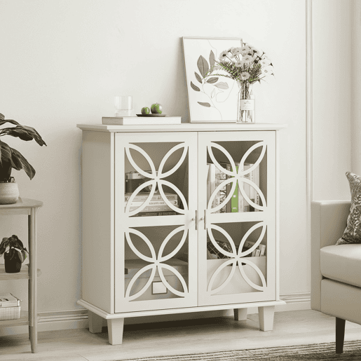Armário de casa de banho com 2 portas - prateleiras ajustáveis, portas em vidro temperado, estilo retro - creme