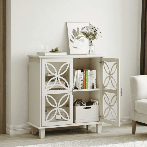 Armário de casa de banho com 2 portas - prateleiras ajustáveis, portas em vidro temperado, estilo retro - creme