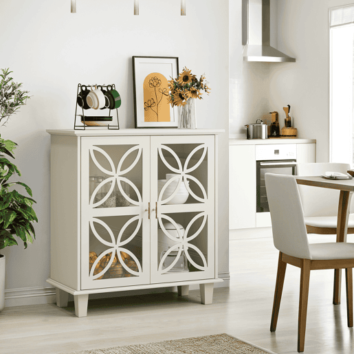 Armário de casa de banho com 2 portas - prateleiras ajustáveis, portas em vidro temperado, estilo retro - creme