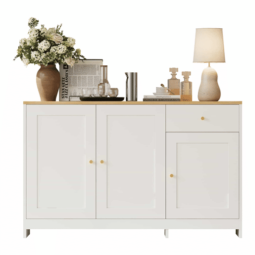 Aparador 120x40x75 cm - 3 portas e 1 gaveta de arrumação, para sala de estar e sala de jantar - Branco e natural