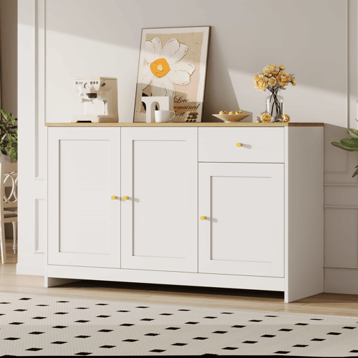 Aparador 120x40x75 cm - 3 portas e 1 gaveta de arrumação, para sala de estar e sala de jantar - Branco e natural