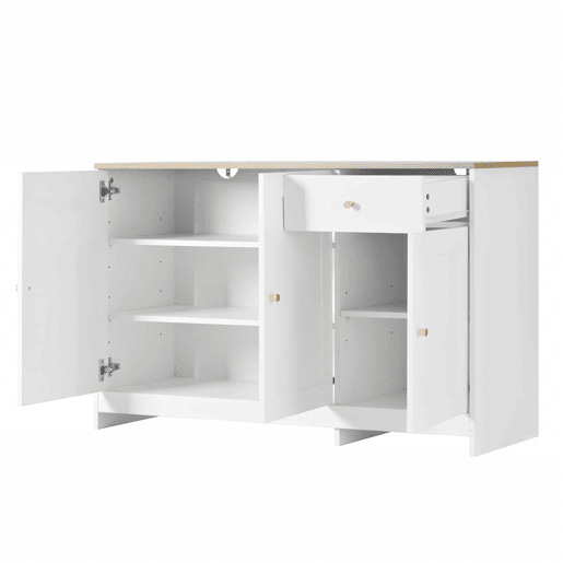 Aparador 120x40x75 cm - 3 portas e 1 gaveta de arrumação, para sala de estar e sala de jantar - Branco e natural
