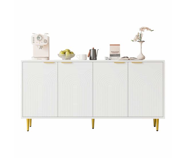Aparador 160x80x40 cm - 4 puertas, tiradores dorados cepillados, patas de alto brillo - blanco