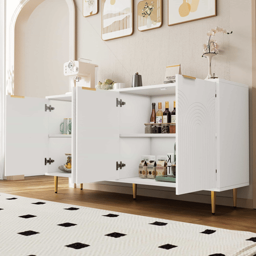 Aparador 160x80x40 cm - 4 portas, puxadores dourados escovados, pés de alto brilho - Branco