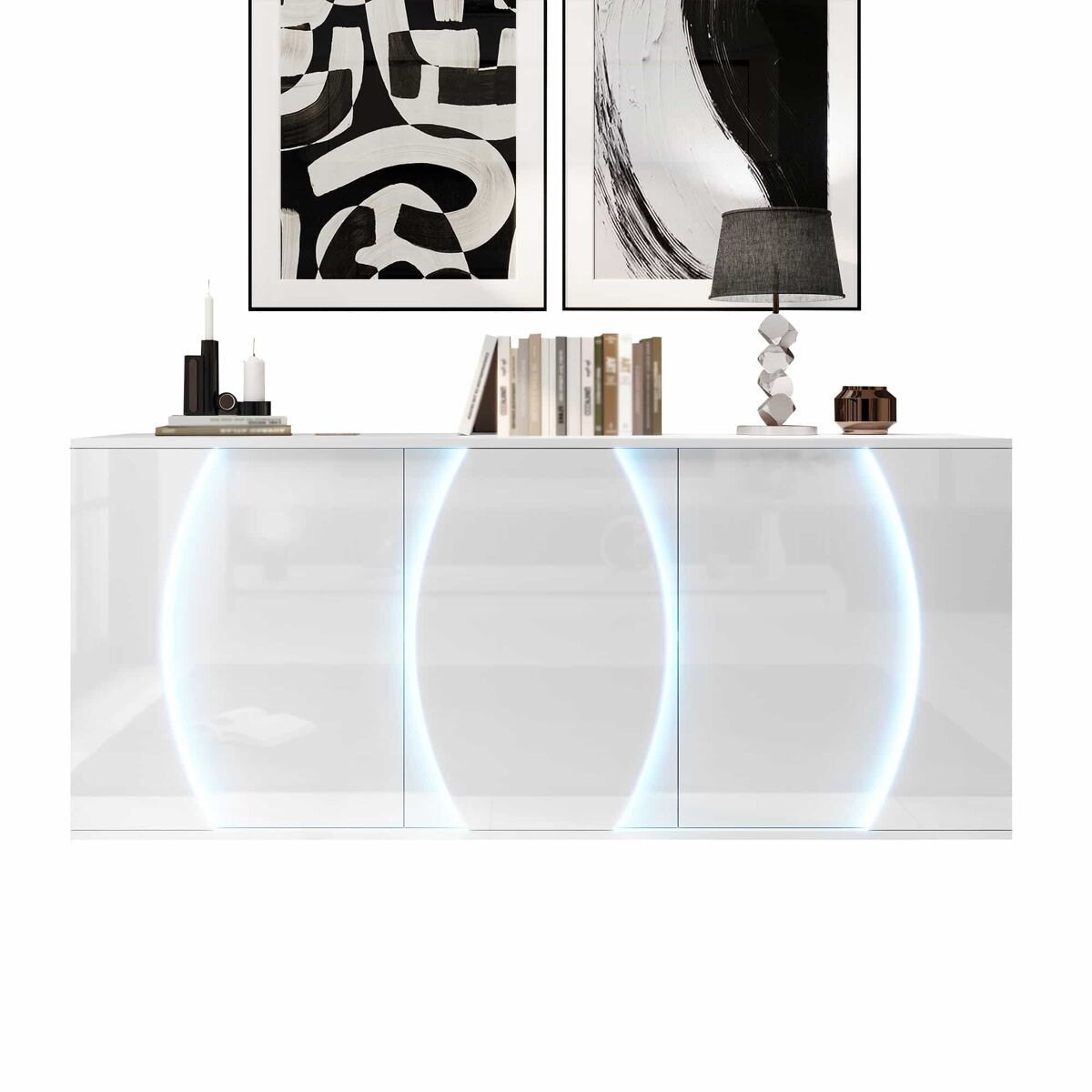 Aparador de salón 150 x 40 x 70 cm - mueble de almacenamiento con 3 puertas, puertas con diseño y led, acabado alto brillo - blanco