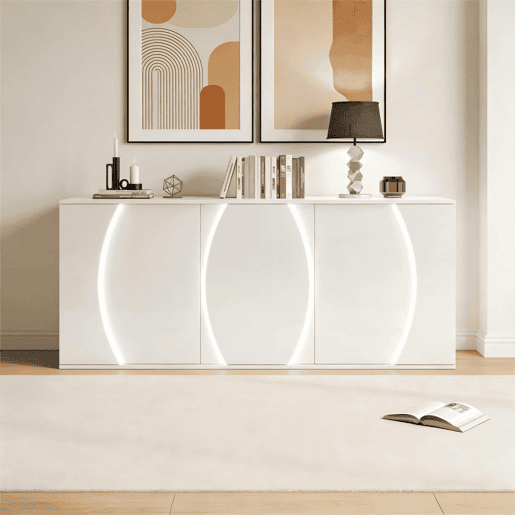 Aparador de sala 150 x 40 x 70 cm - móvel de arrumação com 3 portas, portas com design e LED, acabamento alto brilho - branco