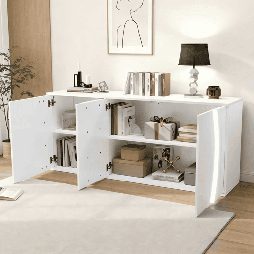 Aparador de sala 150 x 40 x 70 cm - móvel de arrumação com 3 portas, portas com design e LED, acabamento alto brilho - branco