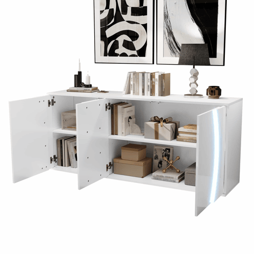 Aparador de sala 150 x 40 x 70 cm - móvel de arrumação com 3 portas, portas com design e LED, acabamento alto brilho - branco