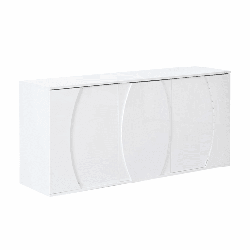 Aparador de sala 150 x 40 x 70 cm - móvel de arrumação com 3 portas, portas com design e LED, acabamento alto brilho - branco