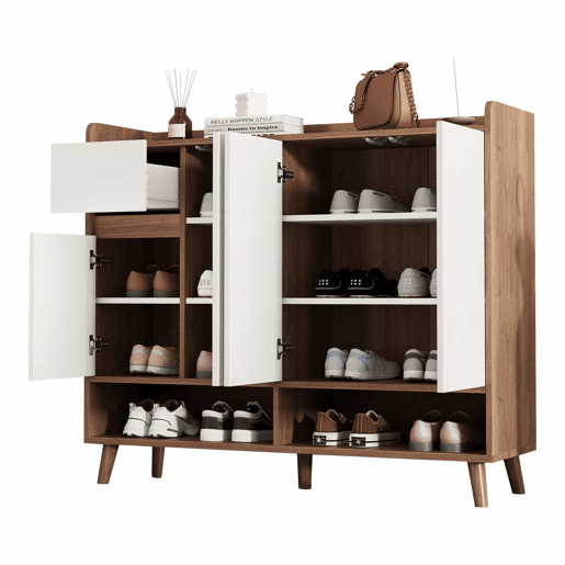 Sapateira 120x35x99 cm - 4 portas, 1 gaveta, prateleira ajustável - Branco+Natural