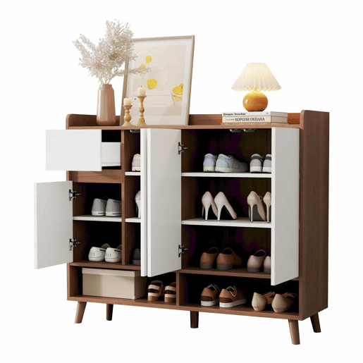 Sapateira 120x35x99 cm - 4 portas, 1 gaveta, prateleira ajustável - Branco+Natural