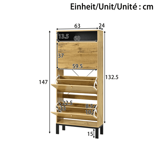 Sapateira alta 147 cm - 3 portas basculantes com compartimentos - Natural