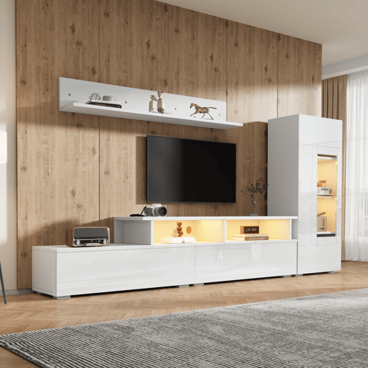 Conjunto de móveis para TV de 3 peças - LED, alto brilho, para sala de estar, TV até 75 - Branco Conjunto de móveis para TV de 3 peças - LED, alto brilho, para sala de estar, TV até 75 - Branco