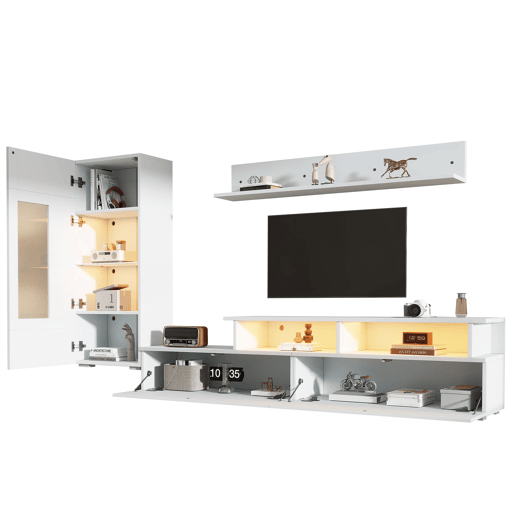 Conjunto de móveis para TV de 3 peças - LED, alto brilho, para sala de estar, TV até 75 - Branco Conjunto de móveis para TV de 3 peças - LED, alto brilho, para sala de estar, TV até 75 - Branco