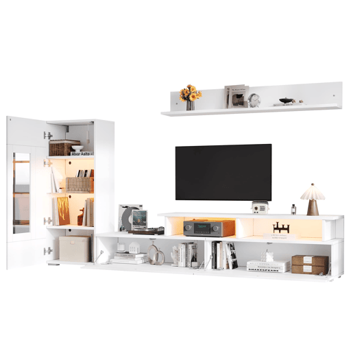 Conjunto de móveis para TV de 3 peças - LED, alto brilho, para sala de estar, TV até 75 - Branco Conjunto de móveis para TV de 3 peças - LED, alto brilho, para sala de estar, TV até 75 - Branco