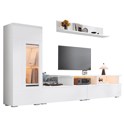 Conjunto de móveis para TV de 3 peças - LED, alto brilho, para sala de estar, TV até 75 - Branco Conjunto de móveis para TV de 3 peças - LED, alto brilho, para sala de estar, TV até 75 - Branco