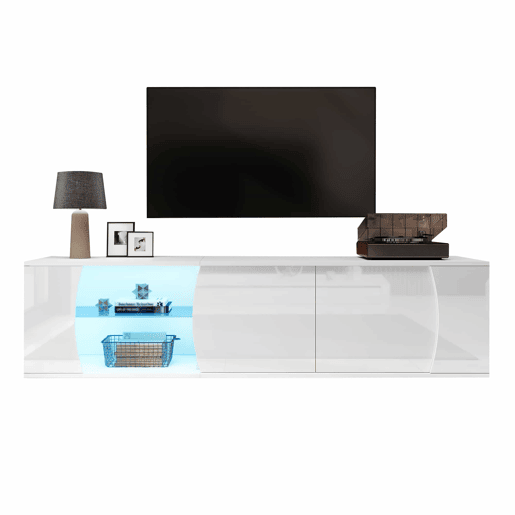 Móvel de TV 180x40x45 cm - 3 portas, vidro temperado, lowboard com iluminação LED, para TVs de até 80 polegadas - branco