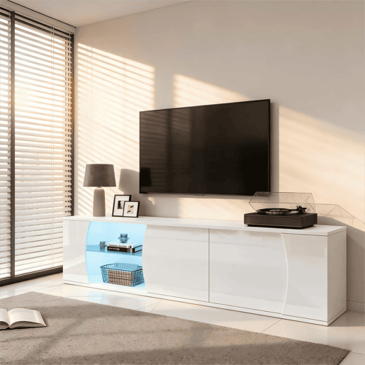 Móvel de TV 180x40x45 cm - 3 portas, vidro temperado, lowboard com iluminação LED, para TVs de até 80 polegadas - branco