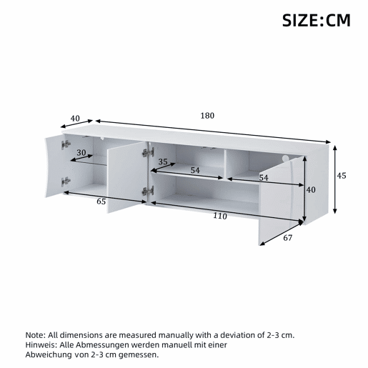 Móvel de TV 180x40x45 cm - 3 portas, vidro temperado, lowboard com iluminação LED, para TVs de até 80 polegadas - branco