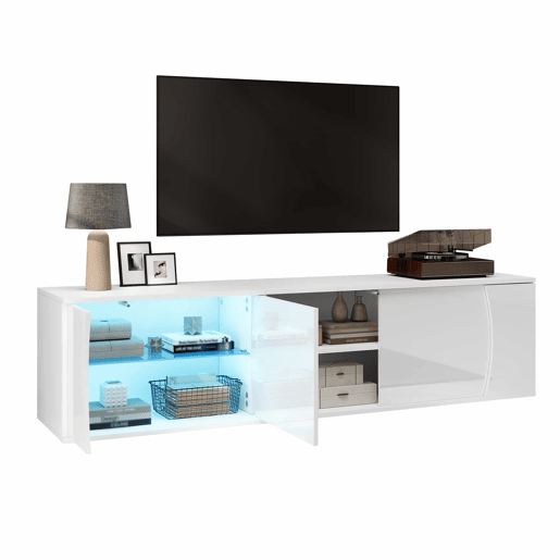 Móvel de TV 180x40x45 cm - 3 portas, vidro temperado, lowboard com iluminação LED, para TVs de até 80 polegadas - branco
