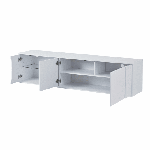 Móvel de TV 180x40x45 cm - 3 portas, vidro temperado, lowboard com iluminação LED, para TVs de até 80 polegadas - branco