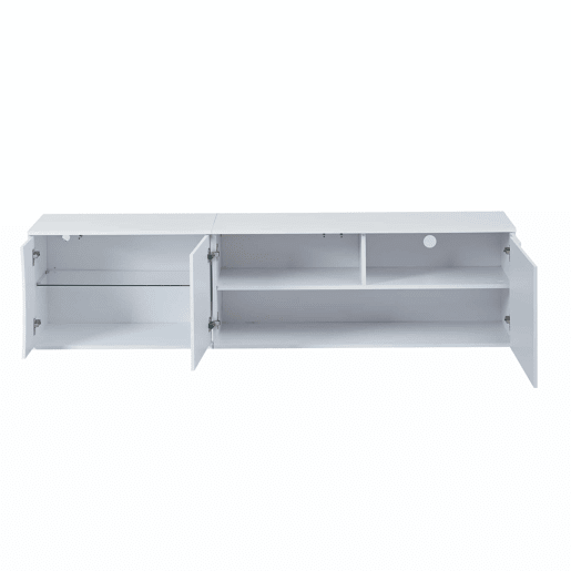 Móvel de TV 180x40x45 cm - 3 portas, vidro temperado, lowboard com iluminação LED, para TVs de até 80 polegadas - branco