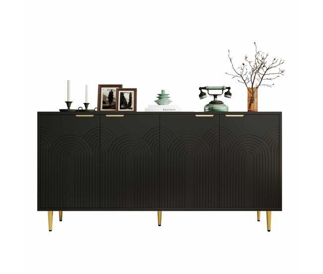 Aparador 160x80x40 cm - 4 puertas, tiradores dorados cepillados y patas de alto brillo - negro