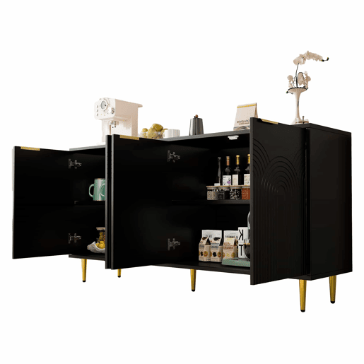 Aparador 160x80x40 cm - 4 portas, puxadores dourados escovados e pés de alto brilho - Preto