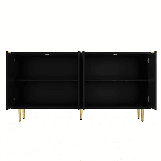 Aparador 160x80x40 cm - 4 portas, puxadores dourados escovados e pés de alto brilho - Preto
