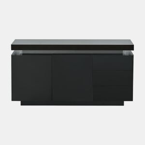 Aparador 140x35x72,5 cm - 2 portas, 3 gavetas, alto brilho, LED, sem puxadores - Preto