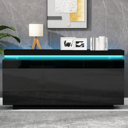 Aparador 140x35x72,5 cm - 2 portas, 3 gavetas, alto brilho, LED, sem puxadores - Preto Aparador 140x35x72,5 cm - 2 portas, 3 gavetas, alto brilho, LED, sem puxadores - Preto