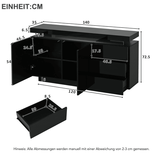Aparador 140x35x72,5 cm - 2 portas, 3 gavetas, alto brilho, LED, sem puxadores - Preto Aparador 140x35x72,5 cm - 2 portas, 3 gavetas, alto brilho, LED, sem puxadores - Preto