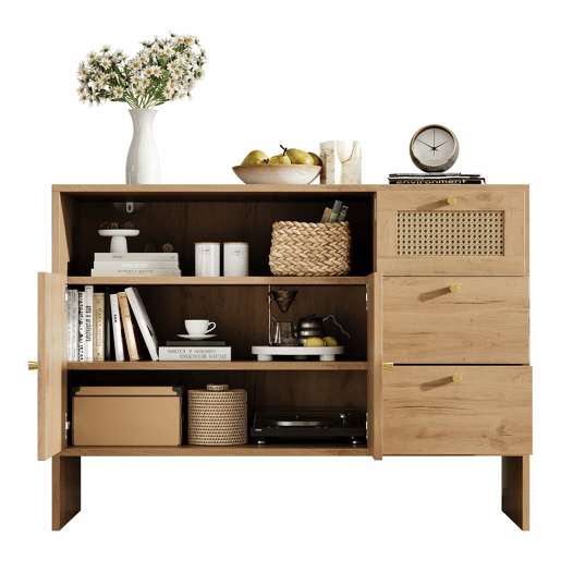 Aparador 105x40x76 cm - 2 portas, 3 gavetas, rattan e puxadores dourados - cor natural