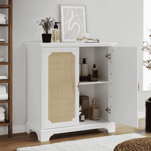 Aparador 120 cm - Portas com decoração em rattan, aparador e móvel de entrada - Branco
