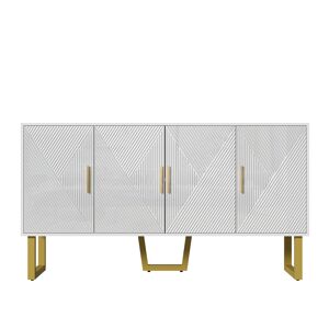 Aparador moderno 150 cm - Portas estruturadas brilhantes, 4 portas, prateleiras ajustáveis, puxadores dourados - Branco