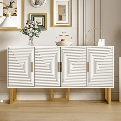 Aparador moderno 150 cm - Portas estruturadas brilhantes, 4 portas, prateleiras ajustáveis, puxadores dourados - Branco