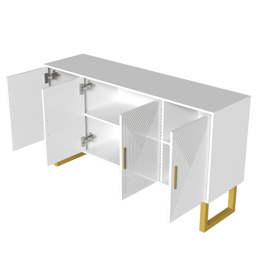 Aparador moderno 150 cm - Portas estruturadas brilhantes, 4 portas, prateleiras ajustáveis, puxadores dourados - Branco