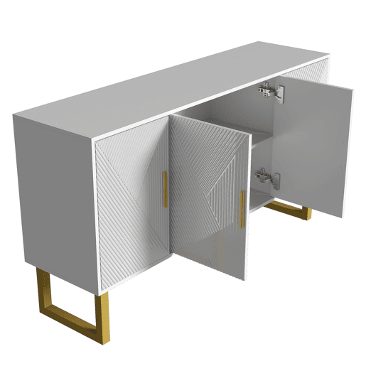Aparador moderno 150 cm - Portas estruturadas brilhantes, 4 portas, prateleiras ajustáveis, puxadores dourados - Branco