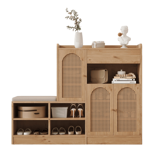 Sapateira com banco 142x35x110 cm - 3 portas de rattan, 1 gaveta, assento almofadado - Natural Sapateira com banco 142x35x110 cm - 3 portas de rattan, 1 gaveta, assento almofadado - Natural