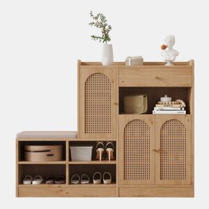 Sapateira com banco 142x35x110 cm - 3 portas de rattan, 1 gaveta, assento almofadado - Natural